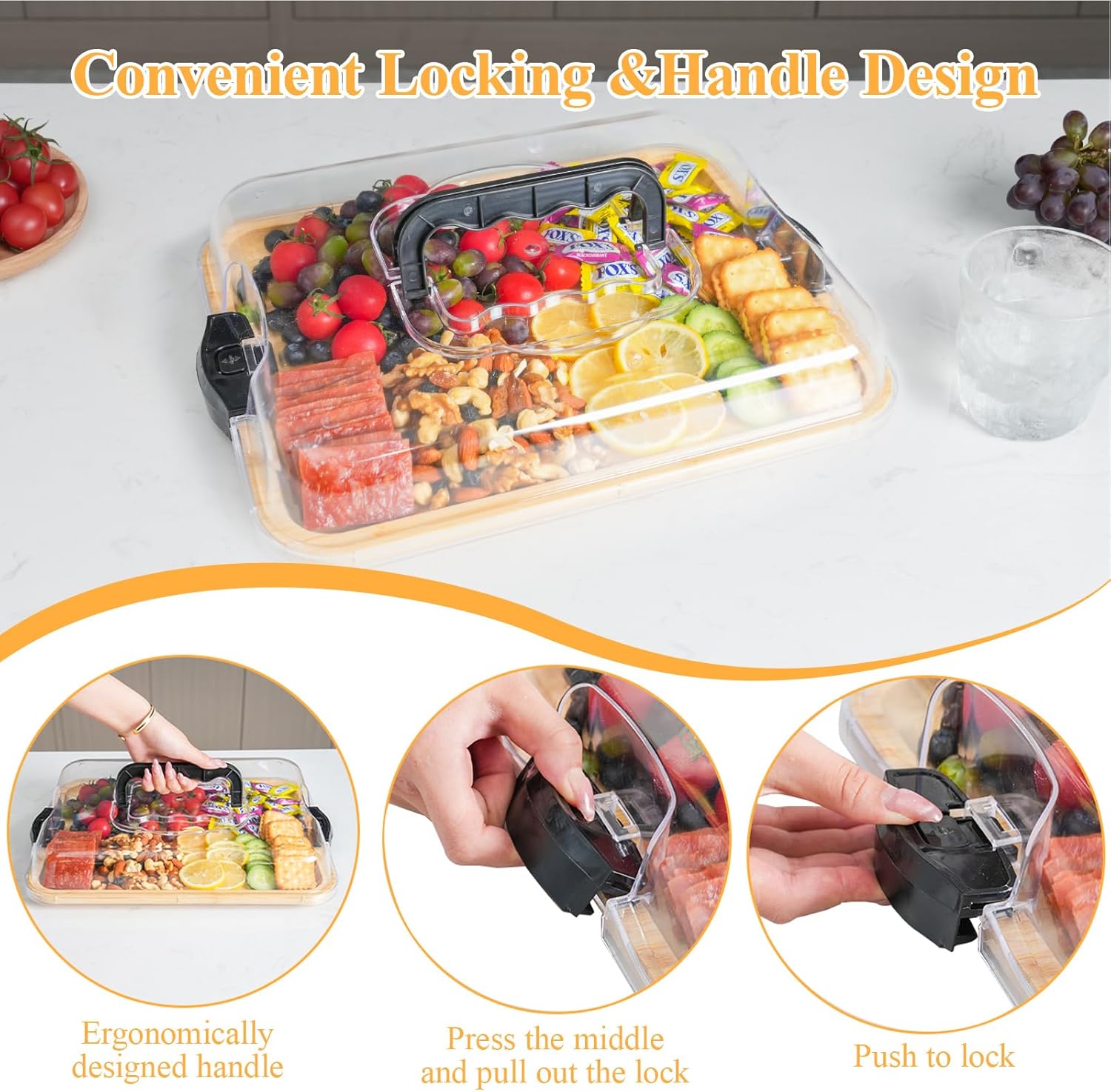 Bamboo Chopping Board Locking Acrylic Lid Cheese Charcuterie Serving Picnic Camping Outdoor Food Tray Cheese Platter