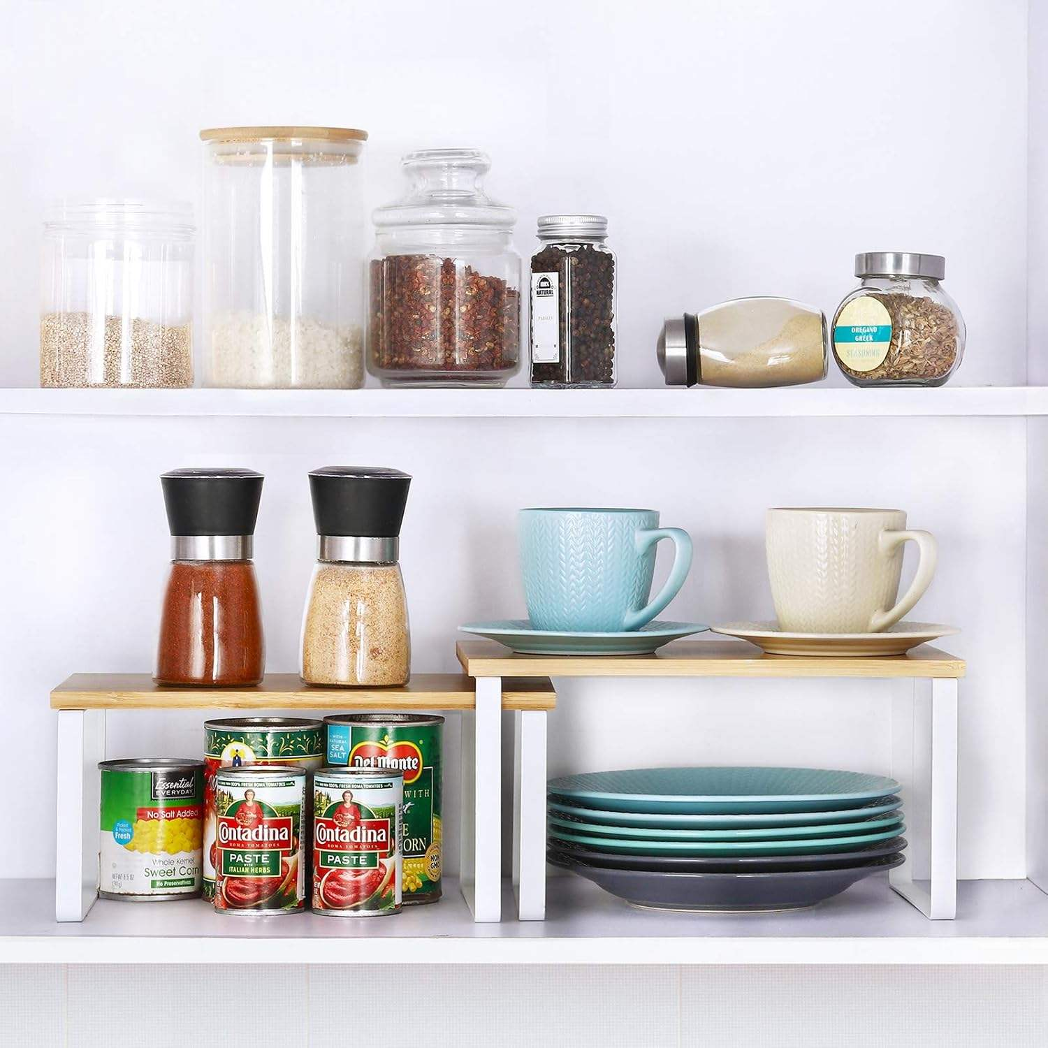 Bamboo Cabinet Organizer Shelf Spice Rack Set of 2 Kitchen Counter Shelves Stackable Kitchen Shelves Organizer Pantry Cupboard Dish Mug Cup Storage Shelf