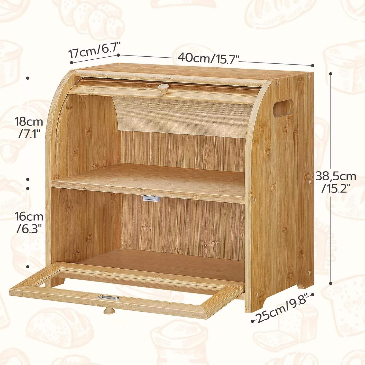 2 Tier Roll Top Natural Bamboo Bread Box Ventilated Large Capacity Bread Storage Container with Adjustable Removable Shelf & See-Through Acrylic Lid, Space Saving Food Keeper for Kitchen Countertop