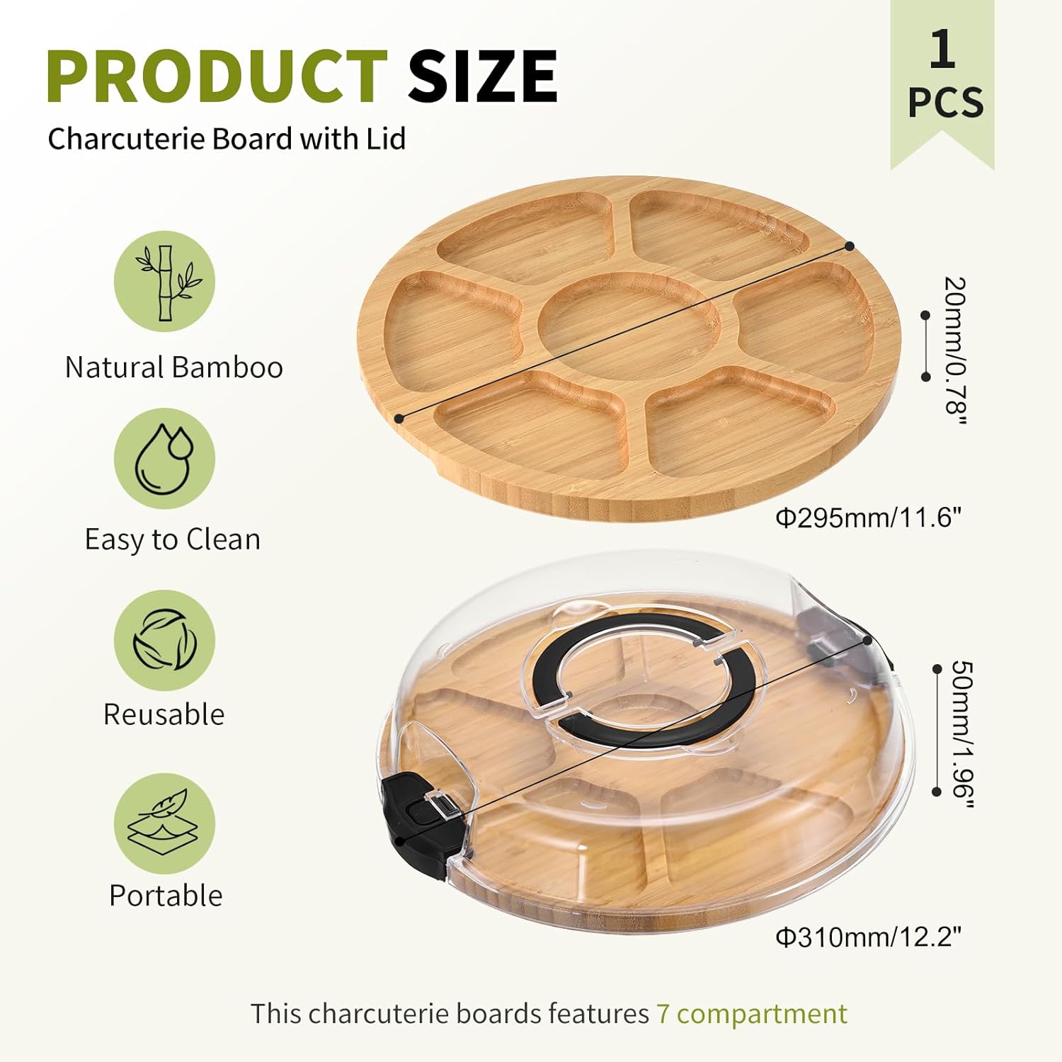 ound Bamboo Charcuterie Board 7 Compartment Double-sided Cheese Board with Clear Lid & Portable Handle for Picnic Party Wedding Housewarming Gift 