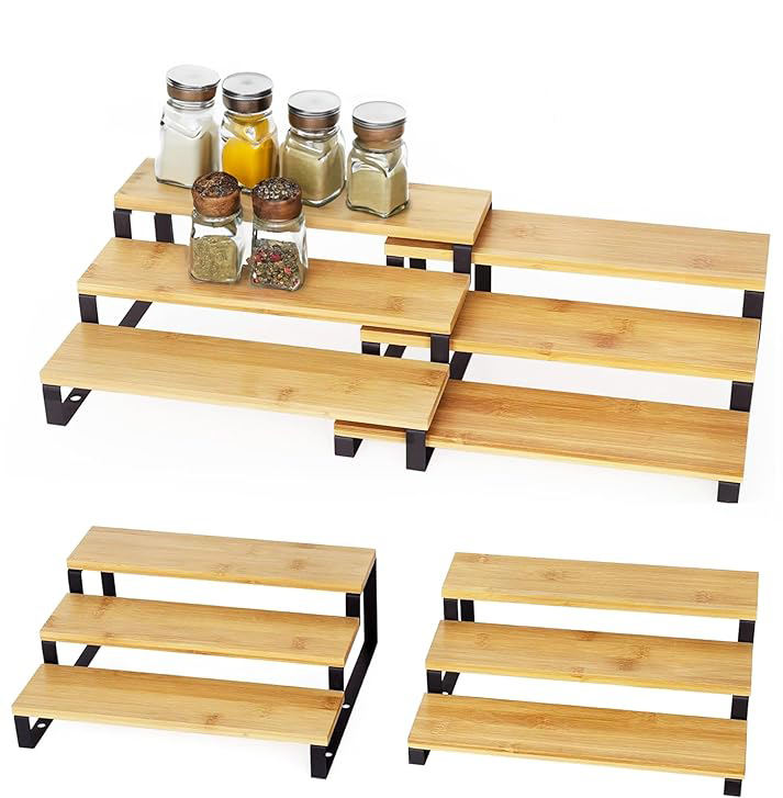 Eco-friendly 3 Tier Expandable Display Shelf Set of 2 Bamboo Spice Rack Countertop Organizer with Steel Spice Organizer for Kitchen Cabinet