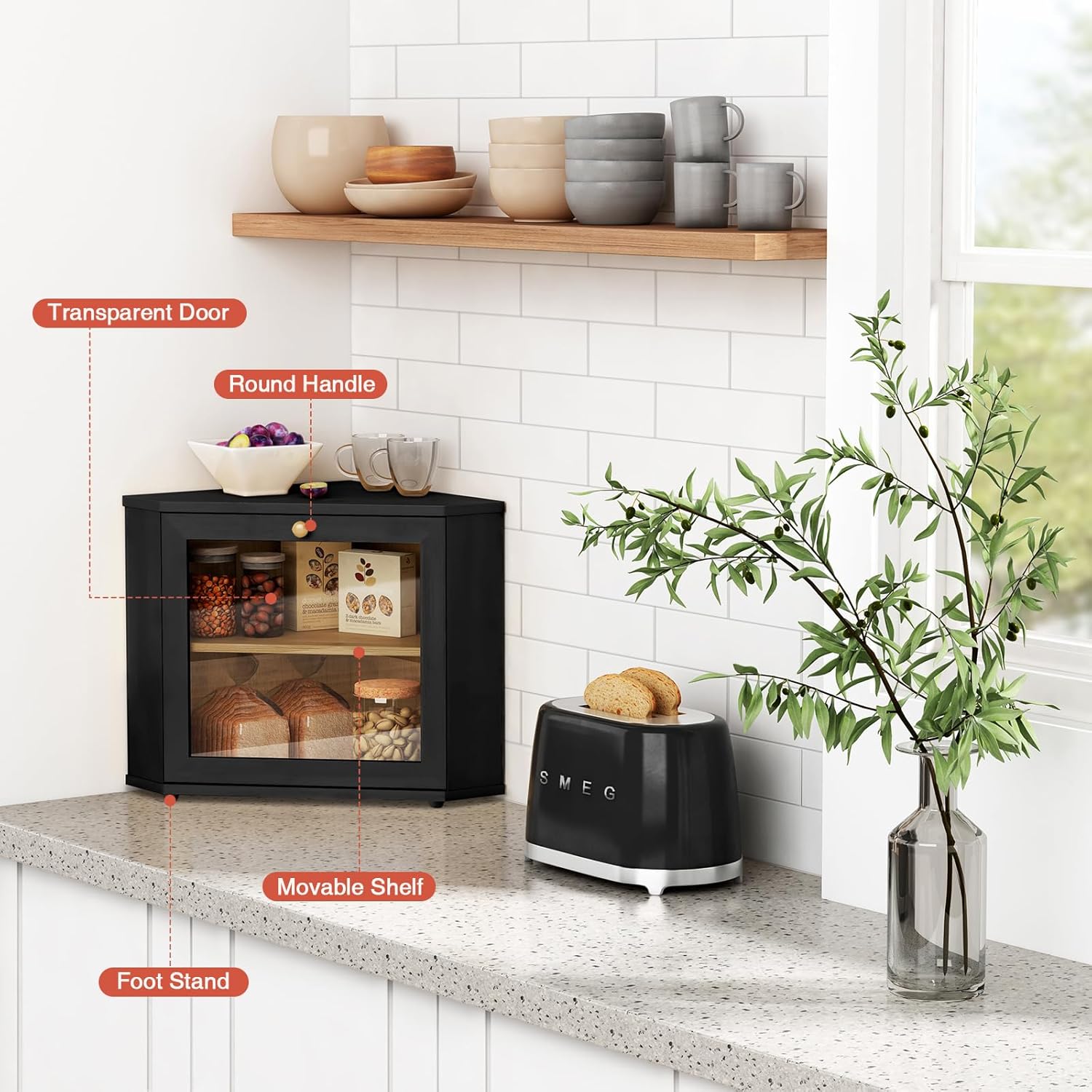 Black Bread Storage Container Double-layer Bamboo Bread Box for Homemade Bread Kitchen Cabinet Lacquer Large Capacity Storage Bread Bin