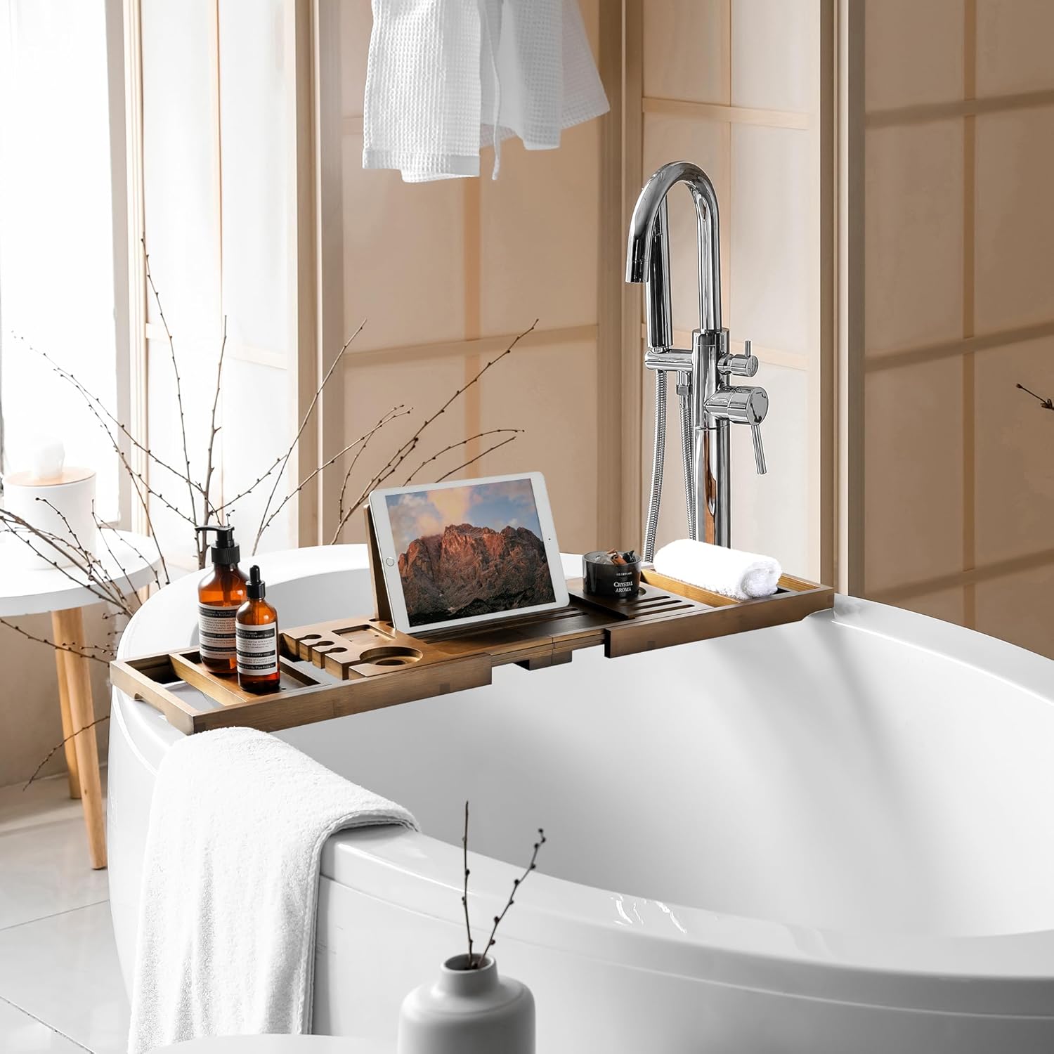  Bathtub Caddy Tray Modern Bathtub Tray Adjustable Width Wine Holder Tablet with Phone Stand Bath Tablet Stand & Non-Slip Grip Spa-Grade Organizer