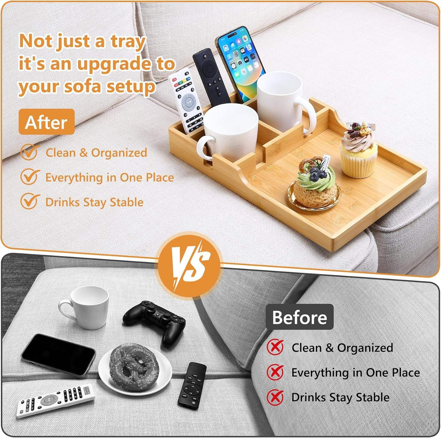 Modern 2- Tier Sofa Tray Anti-Slip Foldable Couch Tray Insert for Middle Seat Bamboo Couch Table with 2 Cup Holders for Living Room