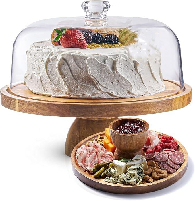 Cake Stand with Dome Cover, Natural Acacia Wood Multifunctional Display Stand for Party & Events