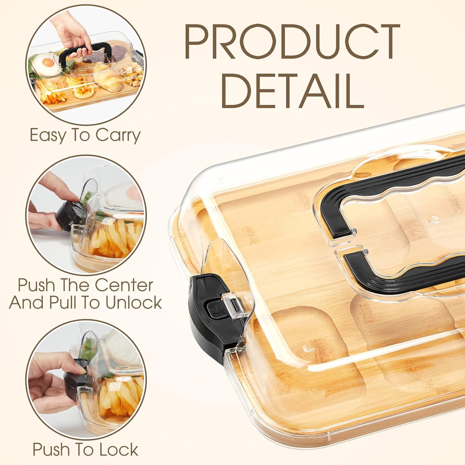 Bamboo Chopping Board Locking Acrylic Lid Cheese Charcuterie Serving Picnic Camping Outdoor Food Tray Cheese Platter