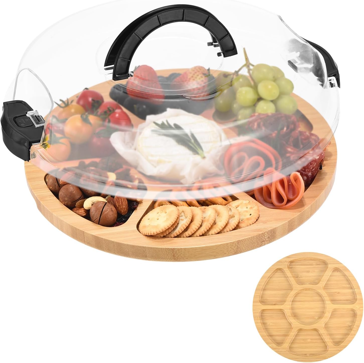 ound Bamboo Charcuterie Board 7 Compartment Double-sided Cheese Board with Clear Lid & Portable Handle for Picnic Party Wedding Housewarming Gift 