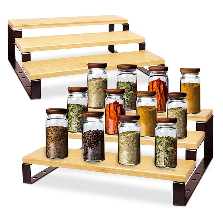 Eco-friendly 3 Tier Expandable Display Shelf Set of 2 Bamboo Spice Rack Countertop Organizer with Steel Spice Organizer for Kitchen Cabinet