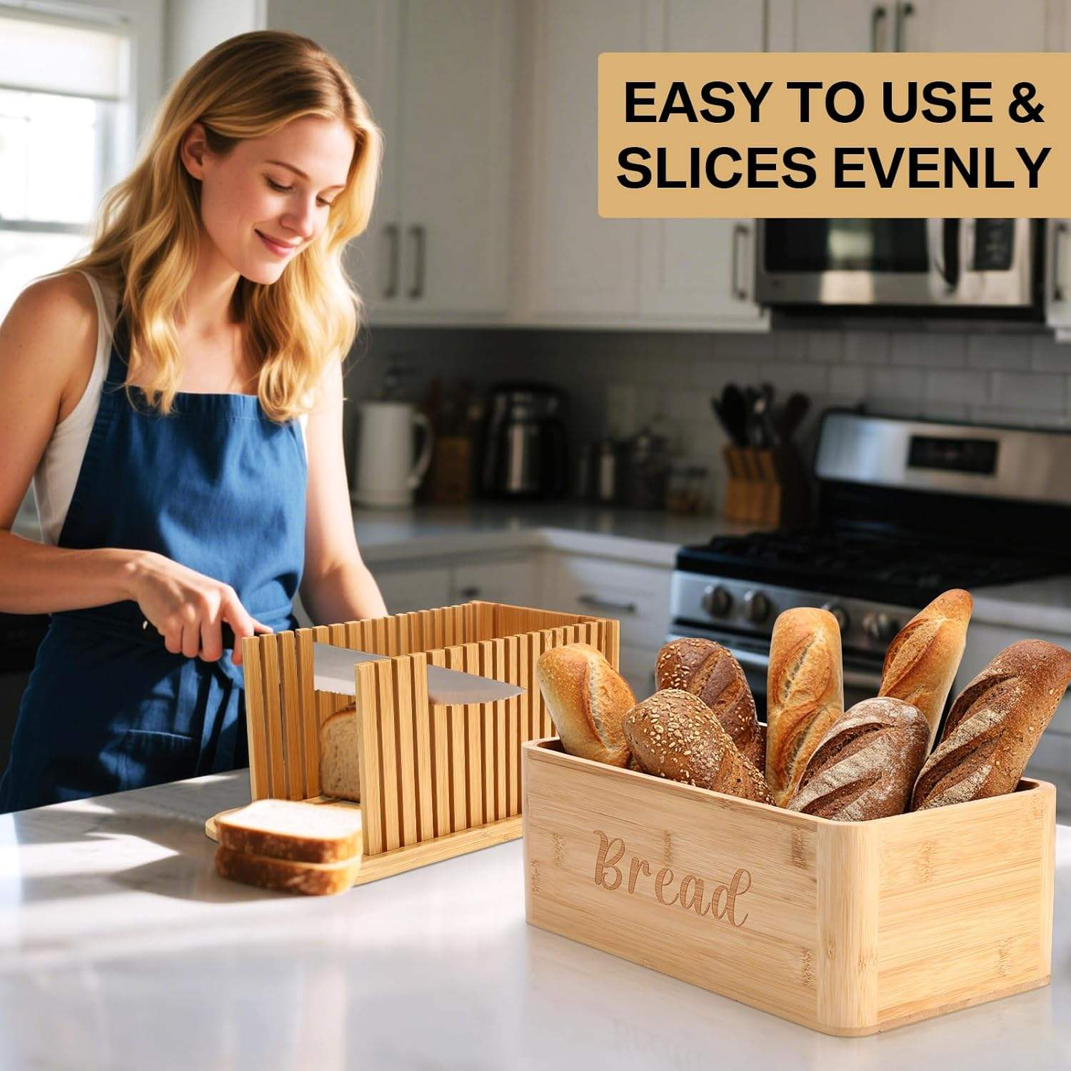 3-in-1 Large Bamboo Bread Box with Cutting Board Lid Bread Slicer Modern Kitchen Storage Bin for Bread Snack and Sundries Organization