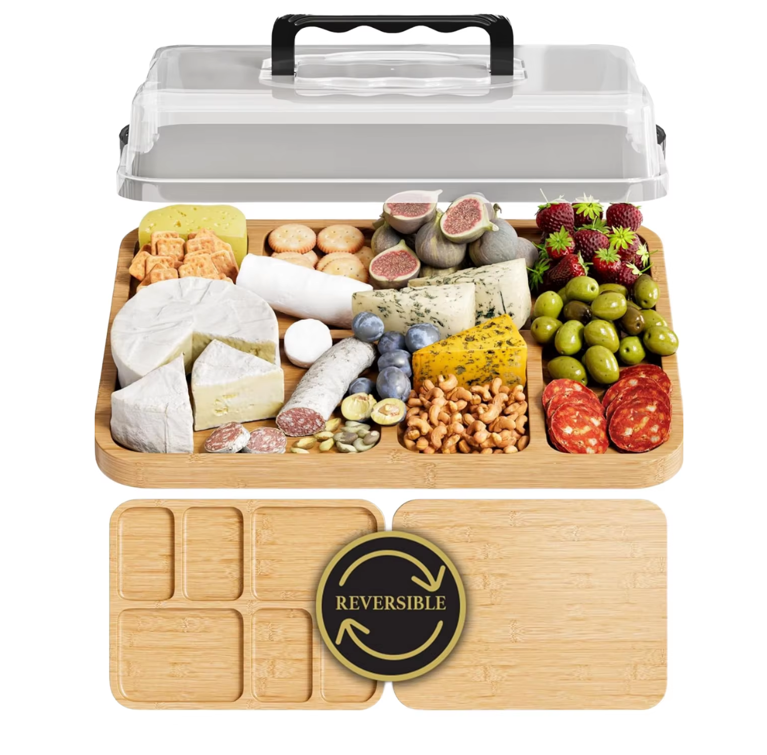 Bamboo Chopping Board Locking Acrylic Lid Cheese Charcuterie Serving Picnic Camping Outdoor Food Tray Cheese Platter