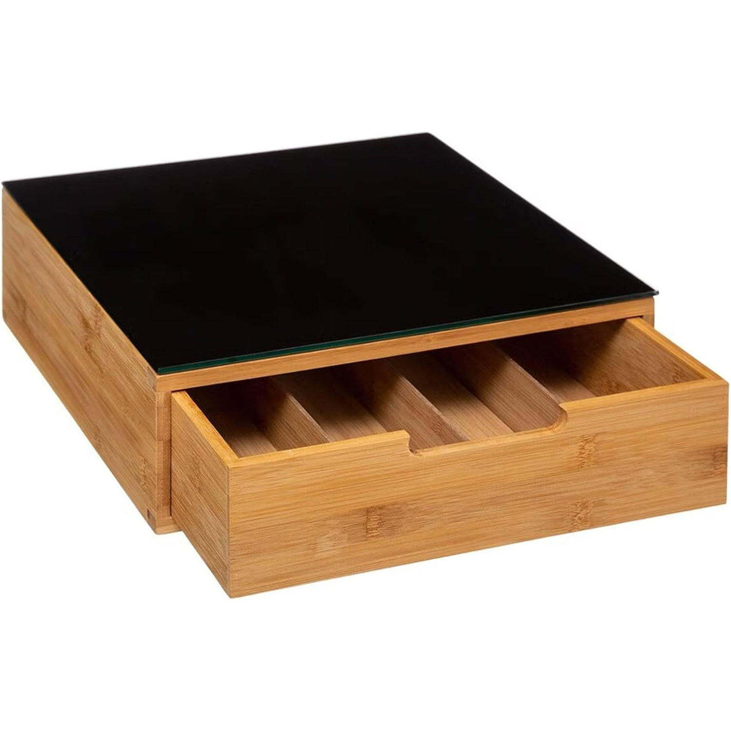 Bamboo Coffee Pod Holder with Drawer & Glass Countertop Coffee Bar Accessories Organizer with Sliding Drawer for K Cup Pods