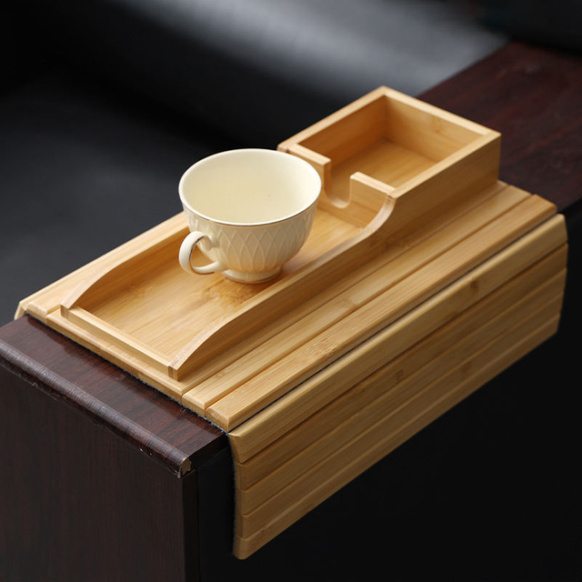 Natural Bamboo Foldable Sofa Arm Tray 3 in 1 Anti Slip Cup Holder Phone Remote Organizer for Living Room Home Couch Tray