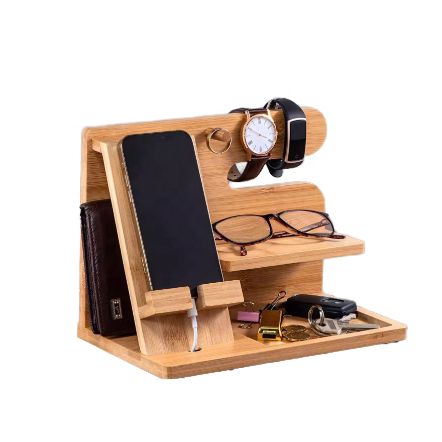  Bamboo Charging Station Moblie Phone Wireless Charger Multi-device Holder & Desktop Organizer for Nightstand and Bedroom Use 