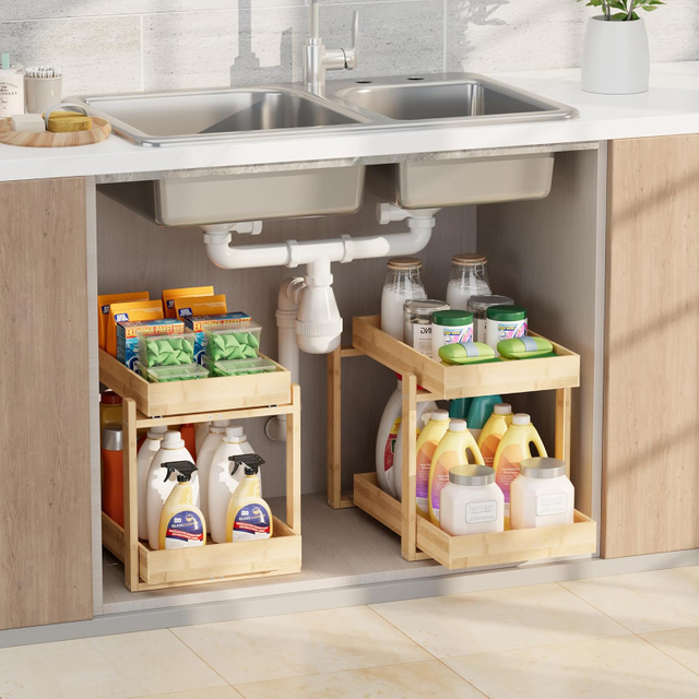 2 Pack Under Sink Organizer, Bamboo Wooden 2-Tier Pull-Out Storage with Sliding Drawers for Kitchen and Bathroom Cabinets, Easy Installation