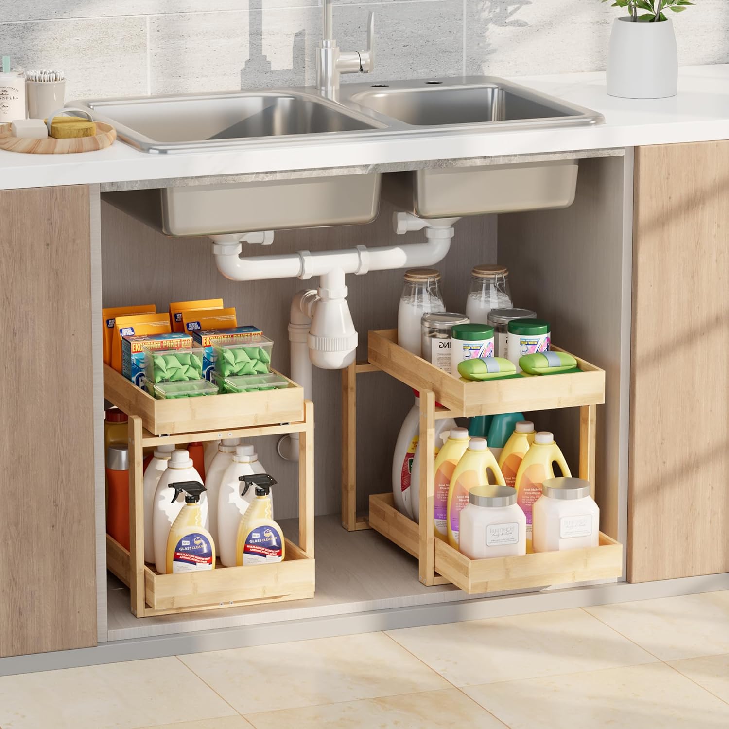 2 Pack Under Sink Organizer, Bamboo Wooden 2-Tier Pull-Out Storage with Sliding Drawers for Kitchen and Bathroom Cabinets, Easy Installation