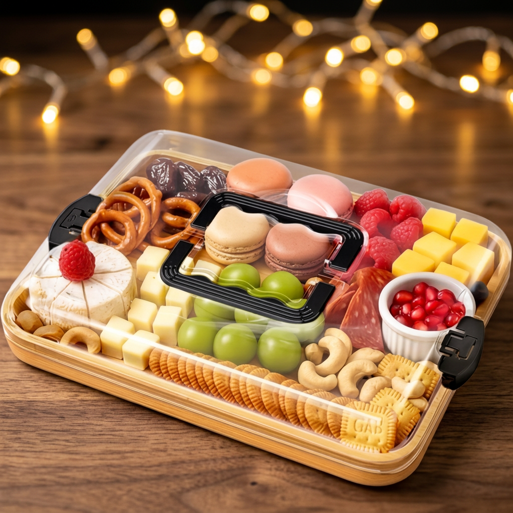 Bamboo Chopping Board Locking Acrylic Lid Cheese Charcuterie Serving Picnic Camping Outdoor Food Tray Cheese Platter