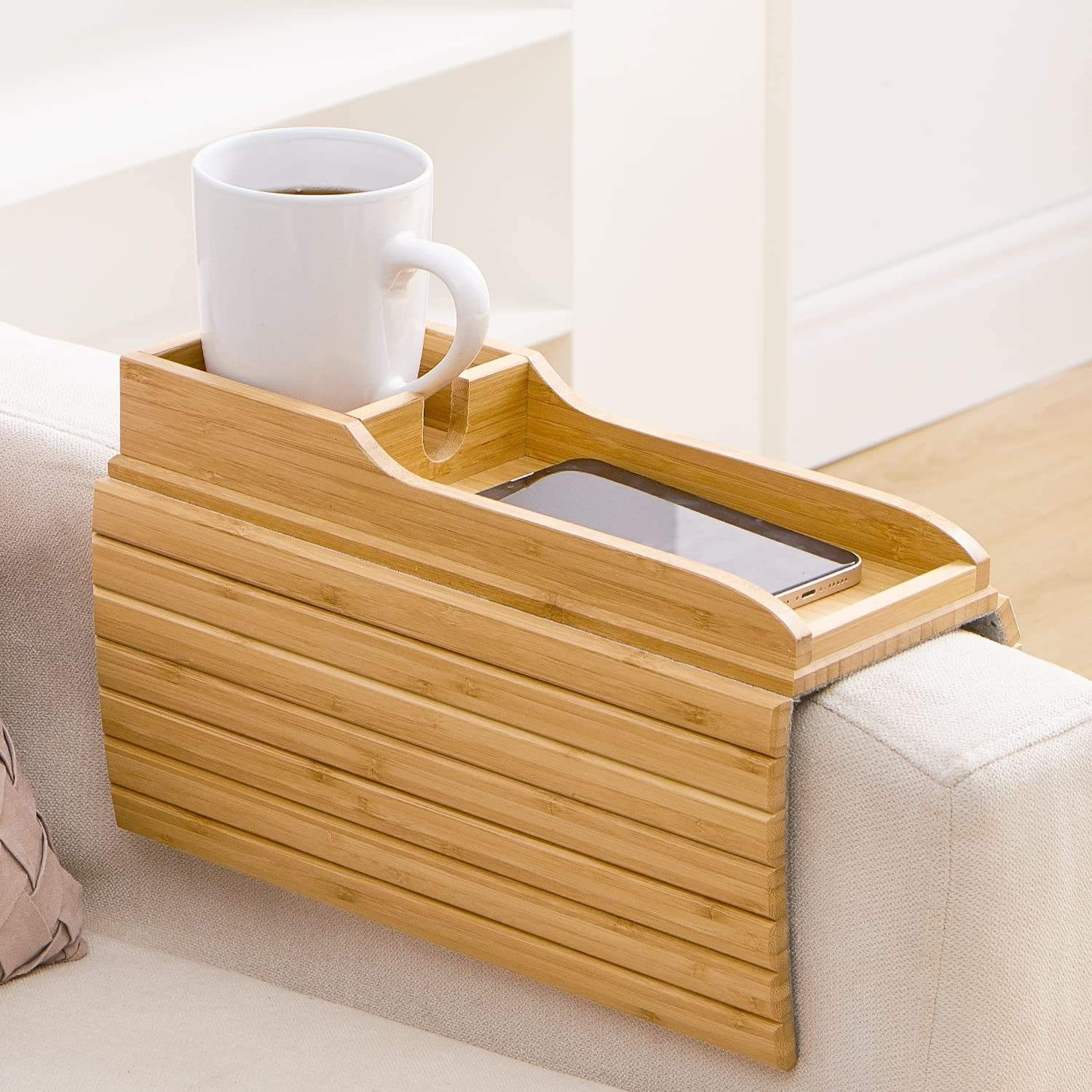 Natural Bamboo Foldable Sofa Arm Tray 3 in 1 Anti Slip Cup Holder Phone Remote Organizer for Living Room Home Couch Tray