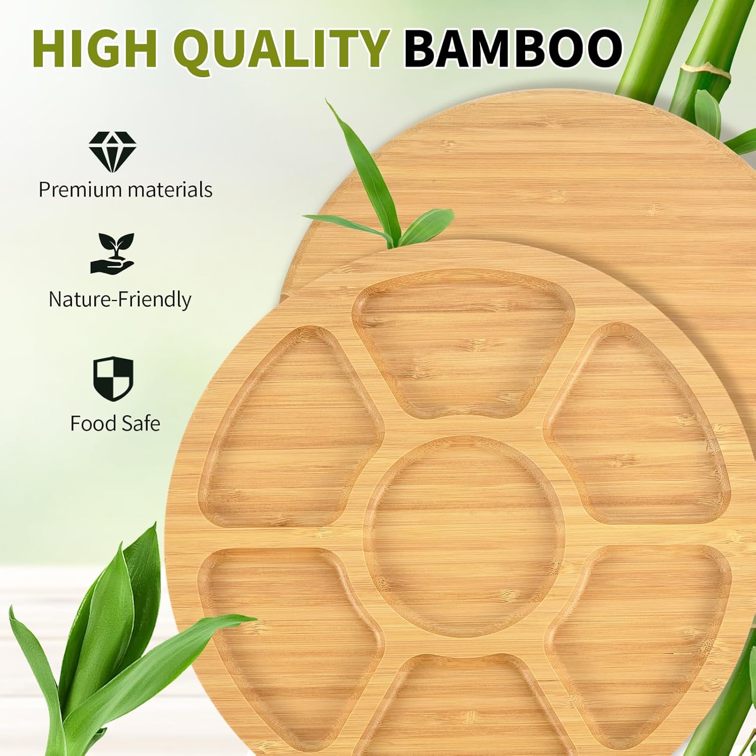 ound Bamboo Charcuterie Board 7 Compartment Double-sided Cheese Board with Clear Lid & Portable Handle for Picnic Party Wedding Housewarming Gift 