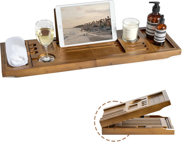  Bathtub Caddy Tray Modern Bathtub Tray Adjustable Width Wine Holder Tablet with Phone Stand Bath Tablet Stand & Non-Slip Grip Spa-Grade Organizer