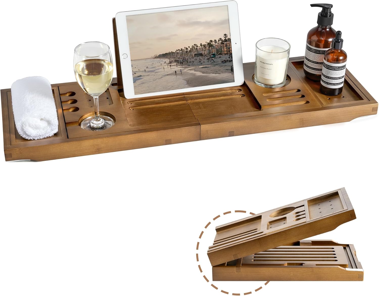  Bathtub Caddy Tray Modern Bathtub Tray Adjustable Width Wine Holder Tablet with Phone Stand Bath Tablet Stand & Non-Slip Grip Spa-Grade Organizer