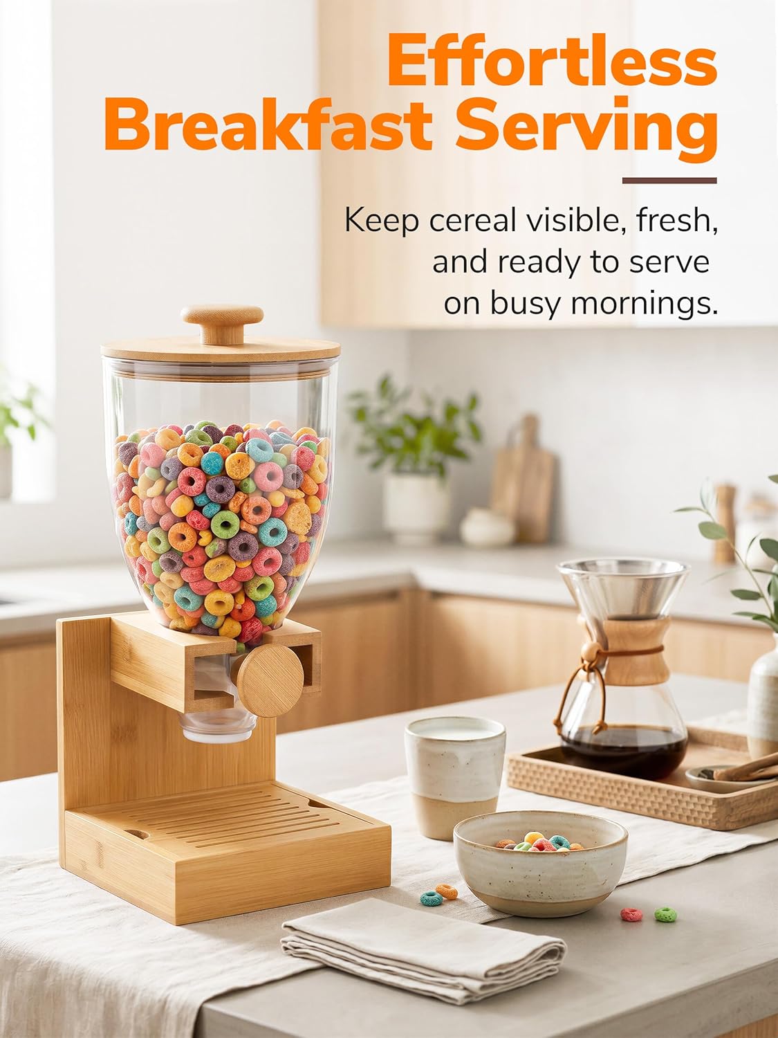 Large Capacity Cereal Dispenser Countertop Airtight Cereal Containers Storage with Bamboo Base & Lid Dry Food Dispenser for Cereal Kitchen Pantry Organization