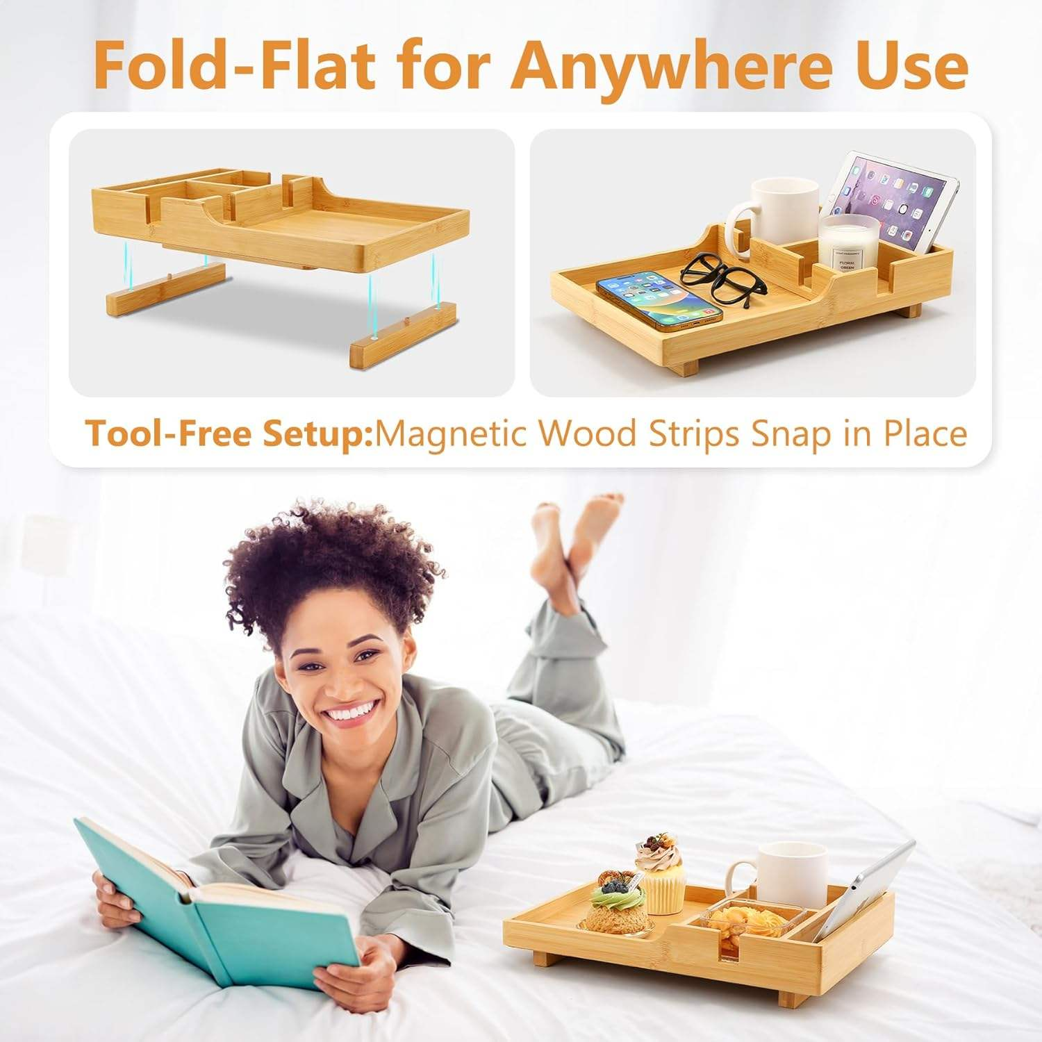Modern 2- Tier Sofa Tray Anti-Slip Foldable Couch Tray Insert for Middle Seat Bamboo Couch Table with 2 Cup Holders for Living Room
