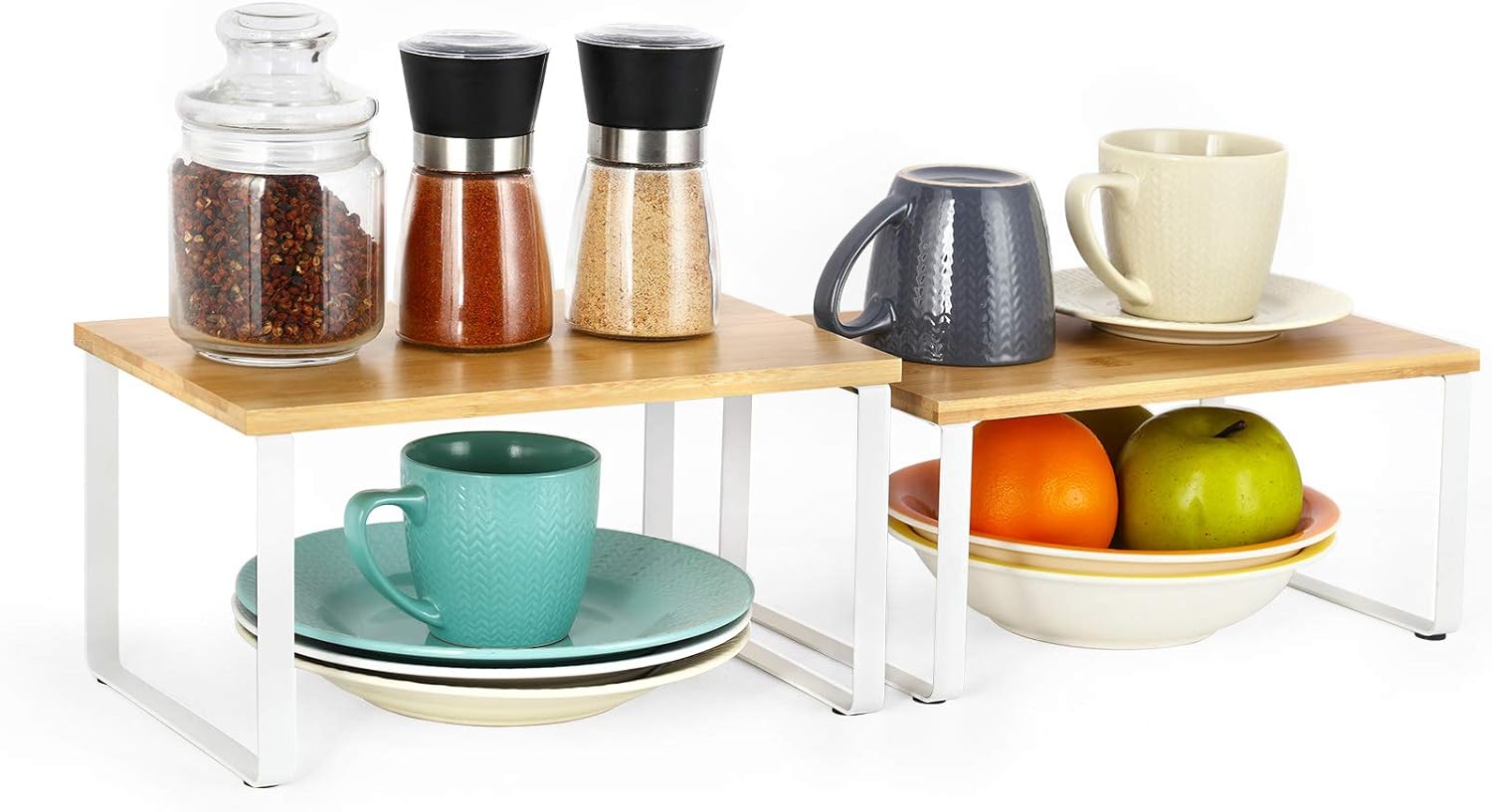 Bamboo Cabinet Organizer Shelf Spice Rack Set of 2 Kitchen Counter Shelves Stackable Kitchen Shelves Organizer Pantry Cupboard Dish Mug Cup Storage Shelf