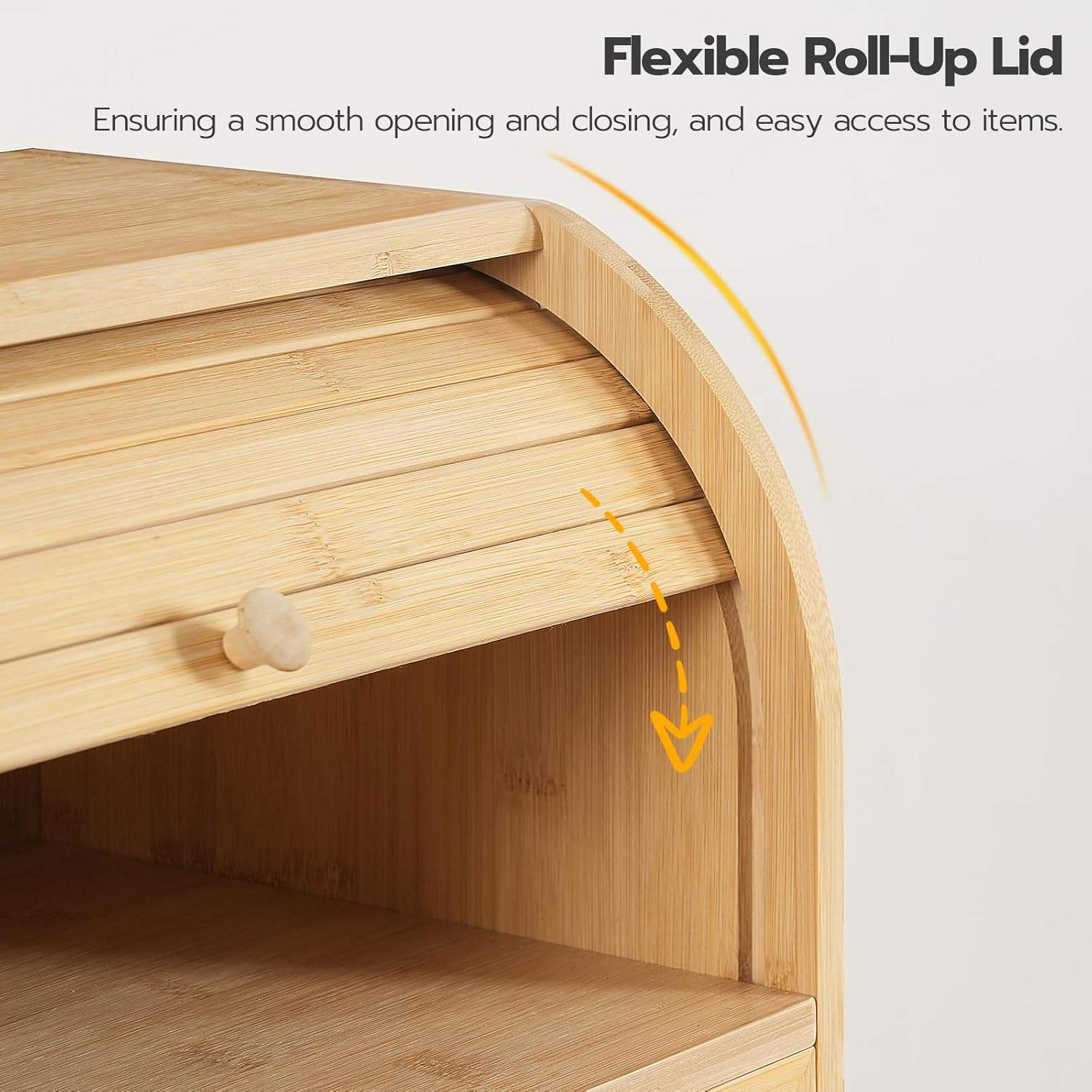 2 Tier Roll Top Natural Bamboo Bread Box Ventilated Large Capacity Bread Storage Container with Adjustable Removable Shelf & See-Through Acrylic Lid, Space Saving Food Keeper for Kitchen Countertop