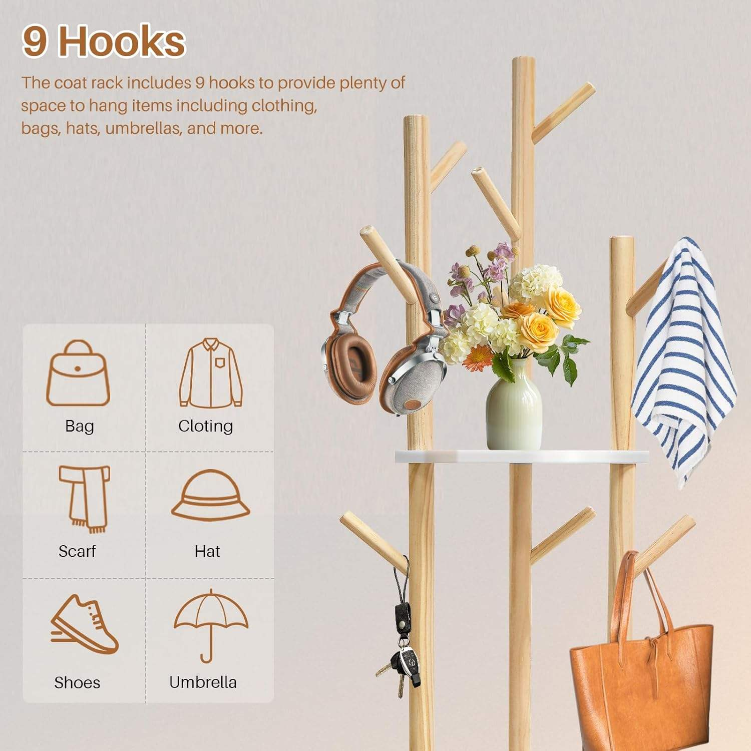 wholesale Clothes Rack Wood Coat Rack Hot Sale Wooden Rotary Coat Rack Freestanding with 3 Shelves Vertical Clothes Racks Living Room Hangers