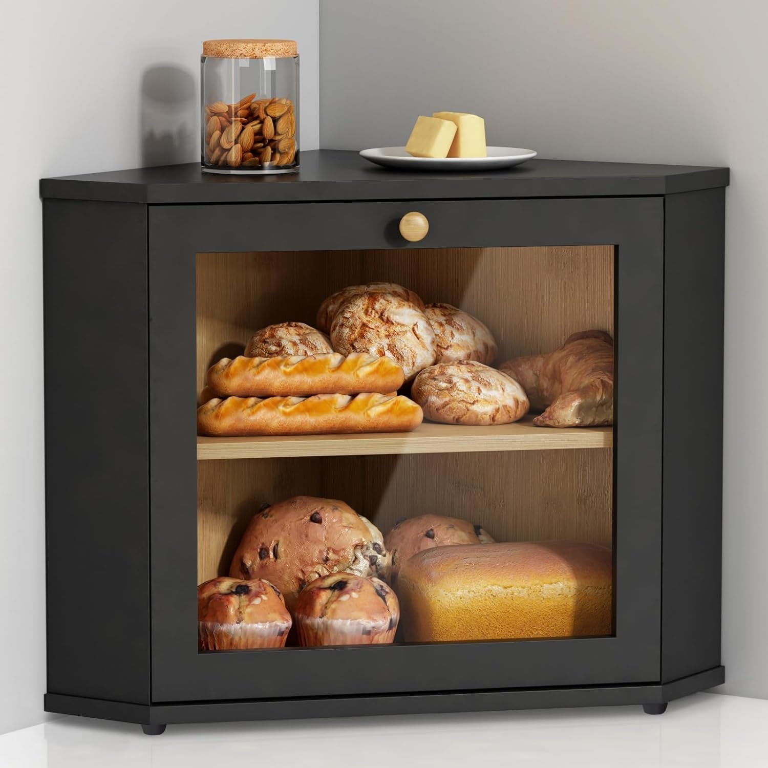 Black Bread Storage Container Double-layer Bamboo Bread Box for Homemade Bread Kitchen Cabinet Lacquer Large Capacity Storage Bread Bin