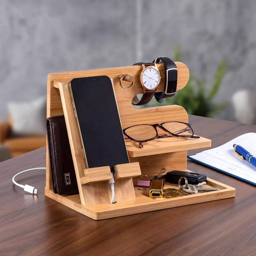  Bamboo Charging Station Moblie Phone Wireless Charger Multi-device Holder & Desktop Organizer for Nightstand and Bedroom Use 