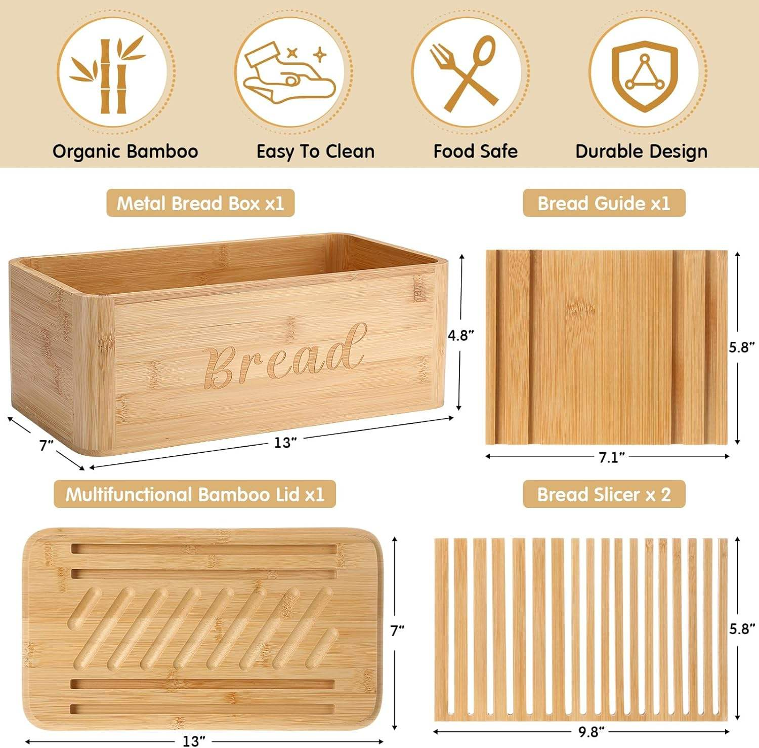 3-in-1 Large Bamboo Bread Box with Cutting Board Lid Bread Slicer Modern Kitchen Storage Bin for Bread Snack and Sundries Organization