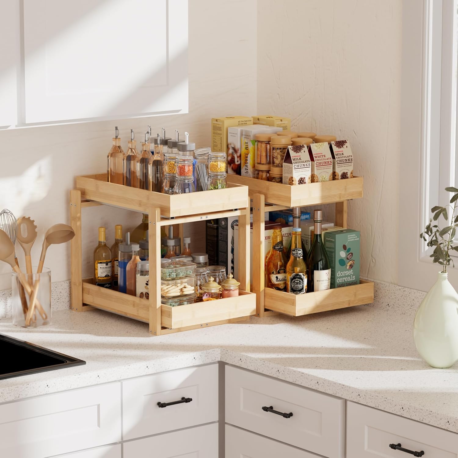 2 Pack Under Sink Organizer, Bamboo Wooden 2-Tier Pull-Out Storage with Sliding Drawers for Kitchen and Bathroom Cabinets, Easy Installation