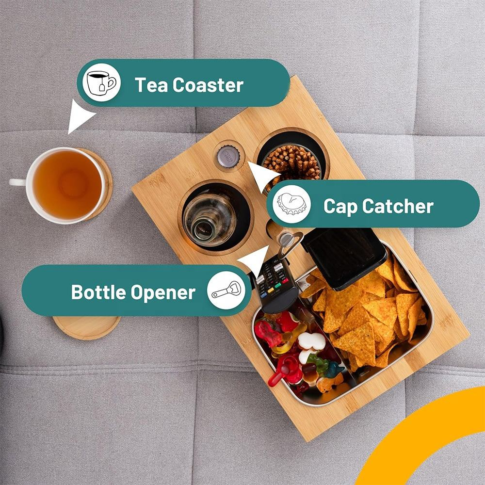Bamboo Couch Organizer Tray, Anti-Spill Drink Holder for Sofa Daily Use Sofa Console Drink Holder for Living Room