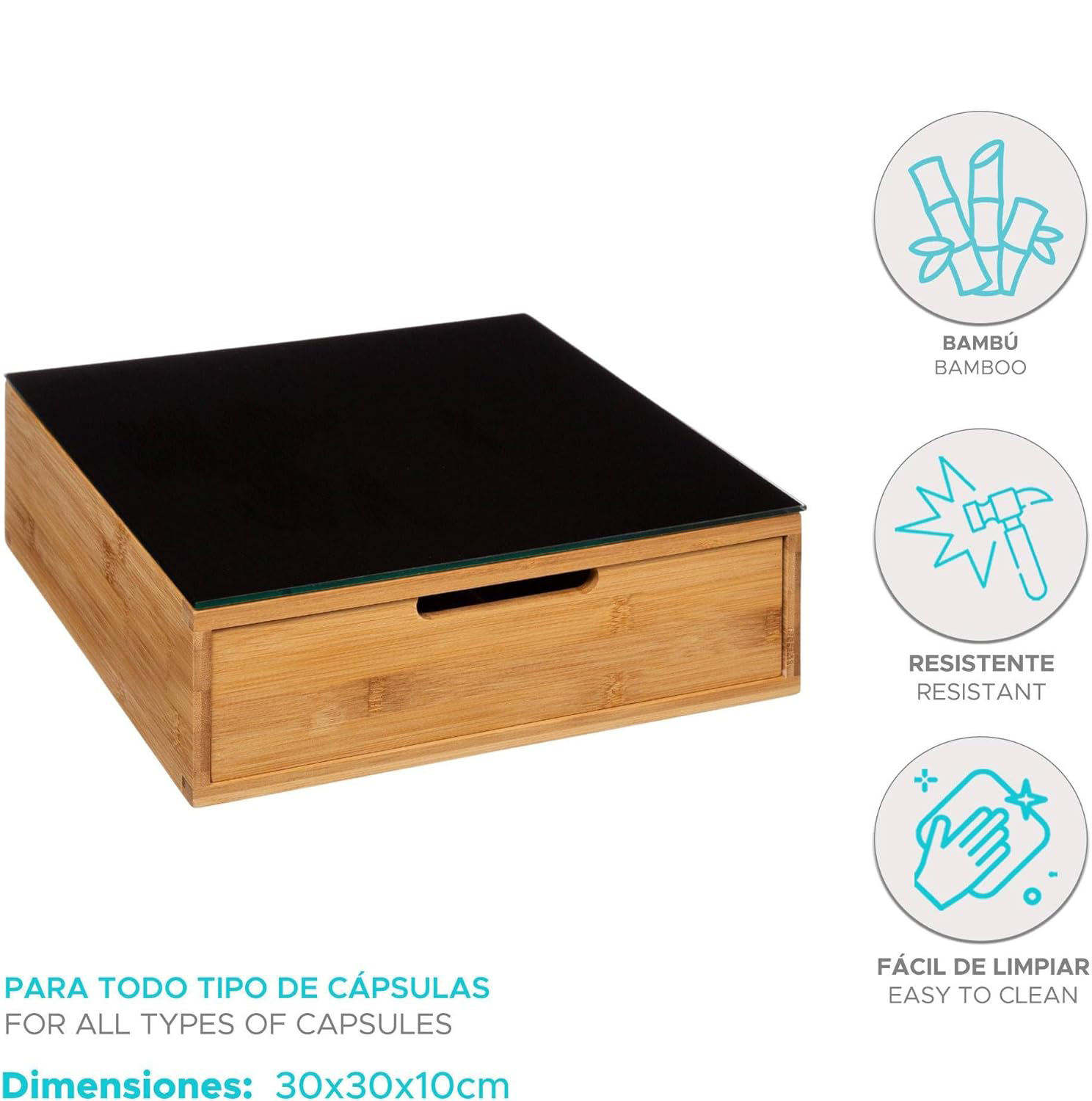 Bamboo Coffee Pod Holder with Drawer & Glass Countertop Coffee Bar Accessories Organizer with Sliding Drawer for K Cup Pods