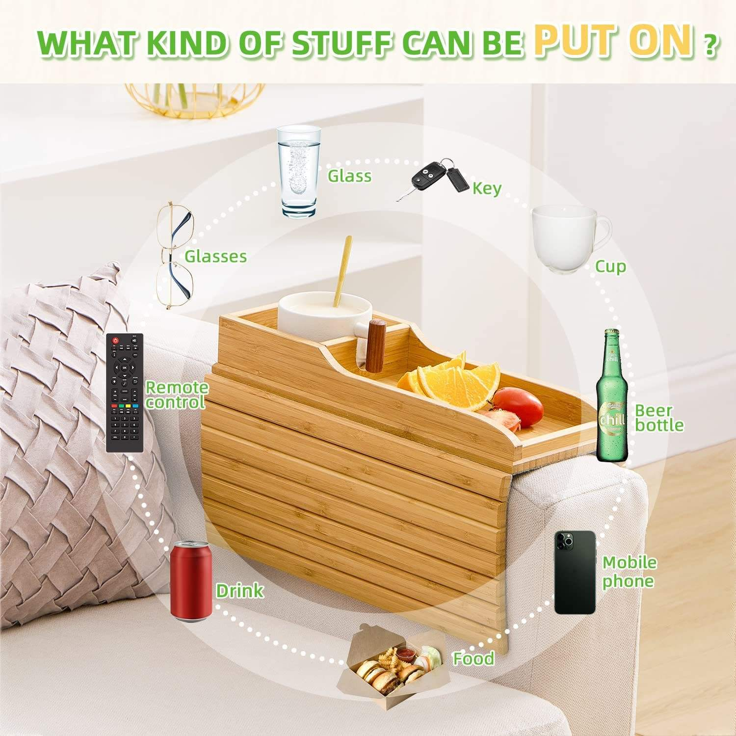 Natural Bamboo Foldable Sofa Arm Tray 3 in 1 Anti Slip Cup Holder Phone Remote Organizer for Living Room Home Couch Tray