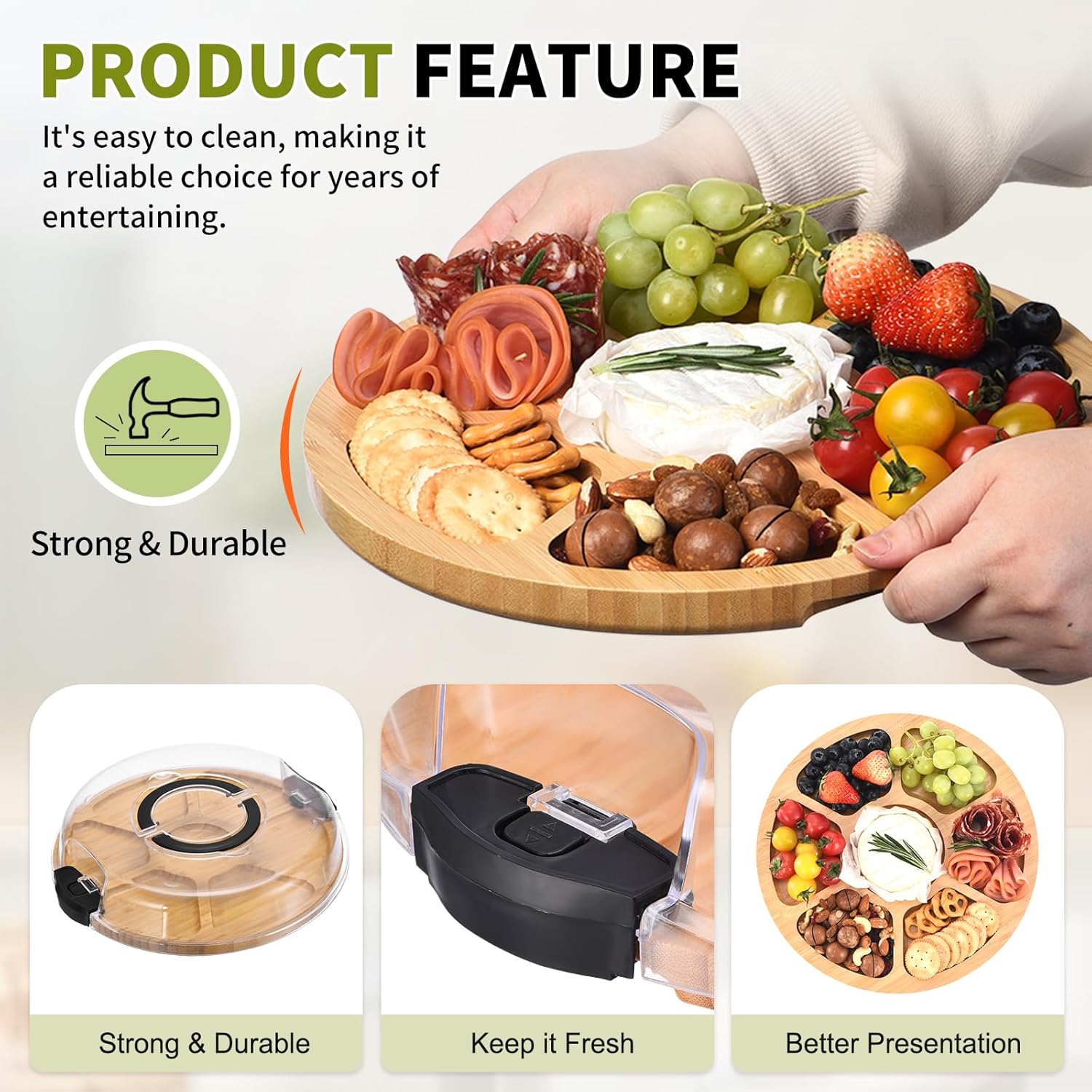 ound Bamboo Charcuterie Board 7 Compartment Double-sided Cheese Board with Clear Lid & Portable Handle for Picnic Party Wedding Housewarming Gift 