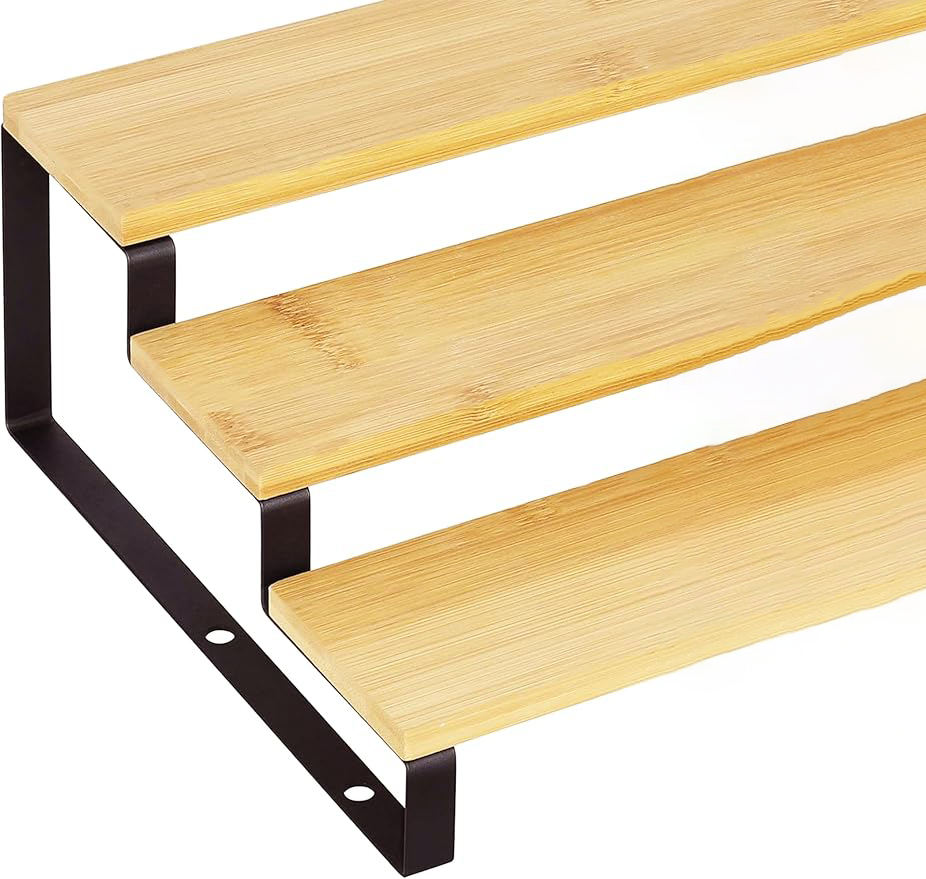 Eco-friendly 3 Tier Expandable Display Shelf Set of 2 Bamboo Spice Rack Countertop Organizer with Steel Spice Organizer for Kitchen Cabinet