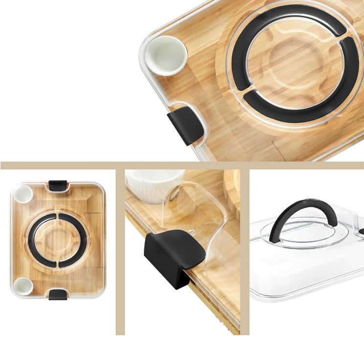 Premium Bamboo Charcuterie Board Set with Transparent Lid and Locking Handle, Expandable Cheese Board with 4 Knives for Picnic, Travel & Housewarming Gift