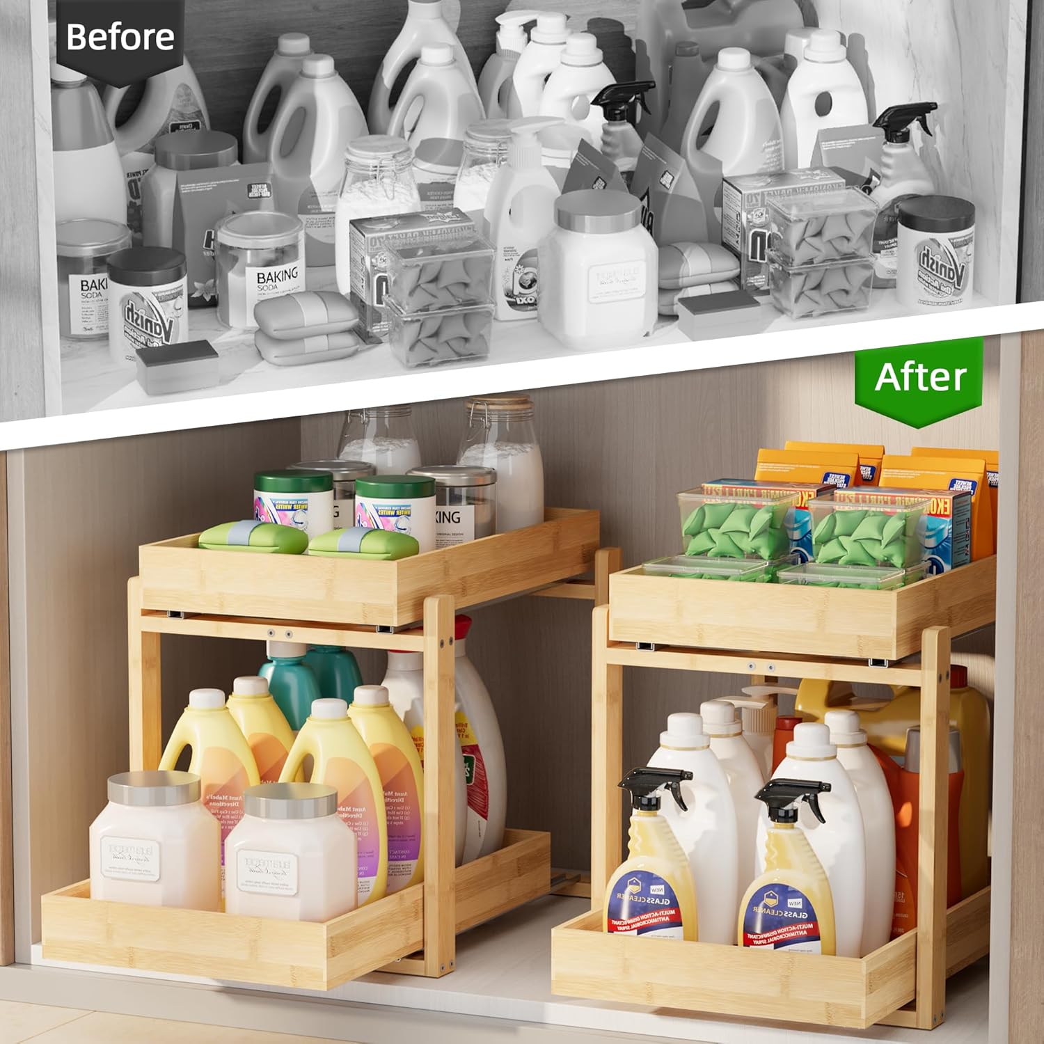 2 Pack Under Sink Organizer, Bamboo Wooden 2-Tier Pull-Out Storage with Sliding Drawers for Kitchen and Bathroom Cabinets, Easy Installation