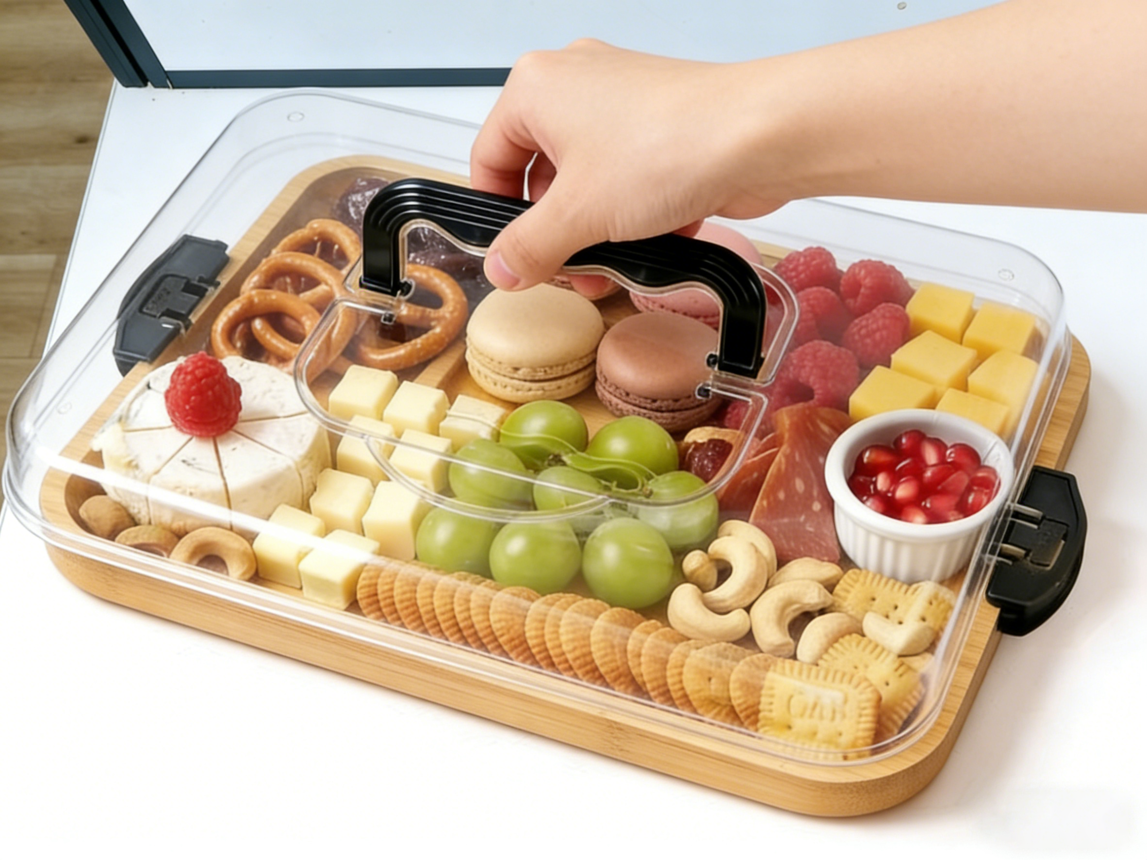 Bamboo Chopping Board Locking Acrylic Lid Cheese Charcuterie Serving Picnic Camping Outdoor Food Tray Cheese Platter