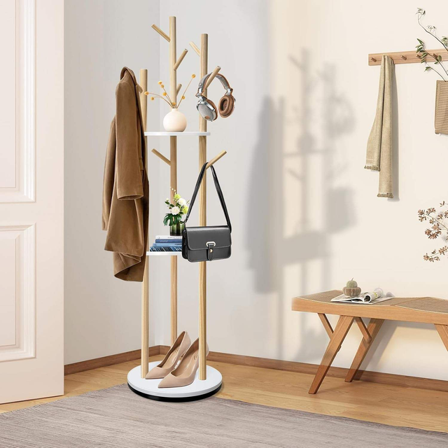 wholesale Clothes Rack Wood Coat Rack Hot Sale Wooden Rotary Coat Rack Freestanding with 3 Shelves Vertical Clothes Racks Living Room Hangers