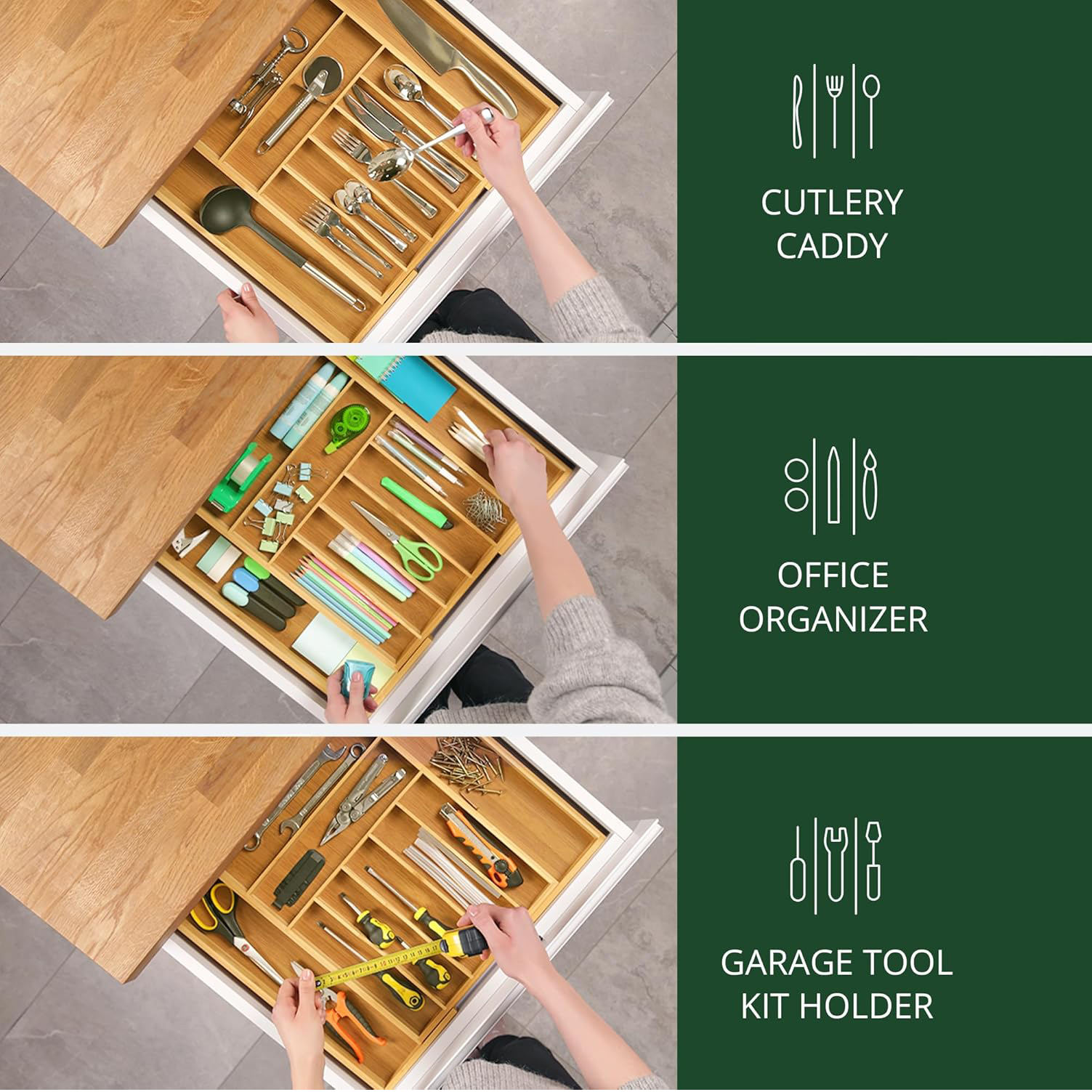 Bamboo Cutlery Tray New Cutlery Tray Flexible Bamboo Drawer Organizer Silverware Organizer Utensil Holder for Kitchen Use