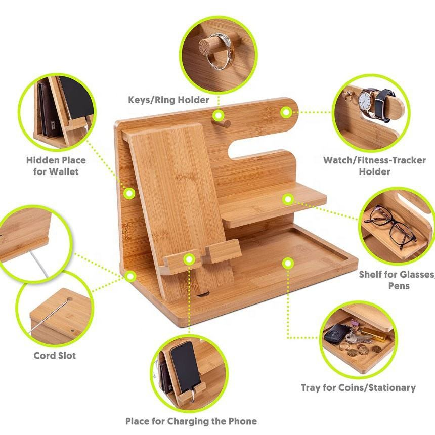  Bamboo Charging Station Moblie Phone Wireless Charger Multi-device Holder & Desktop Organizer for Nightstand and Bedroom Use 