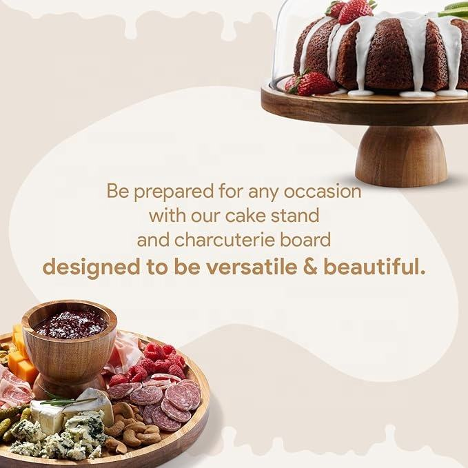 Cake Stand with Dome Cover, Natural Acacia Wood Multifunctional Display Stand for Party & Events