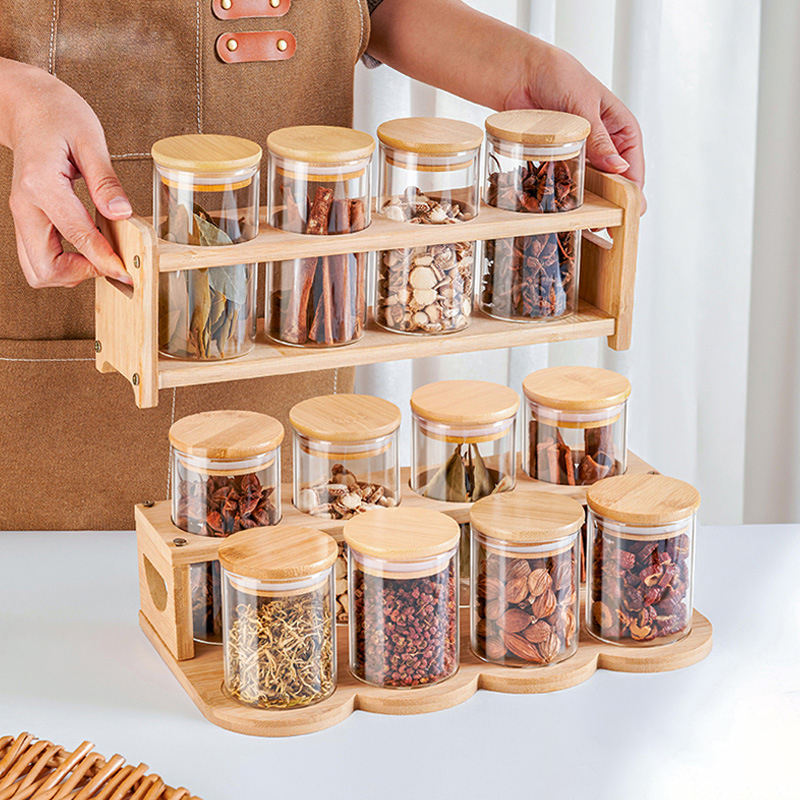 Bamboo Spice Rack, Countertop Storage Stand with Jars & Lids for Kitchen Oil Bottle & Condiment Organization