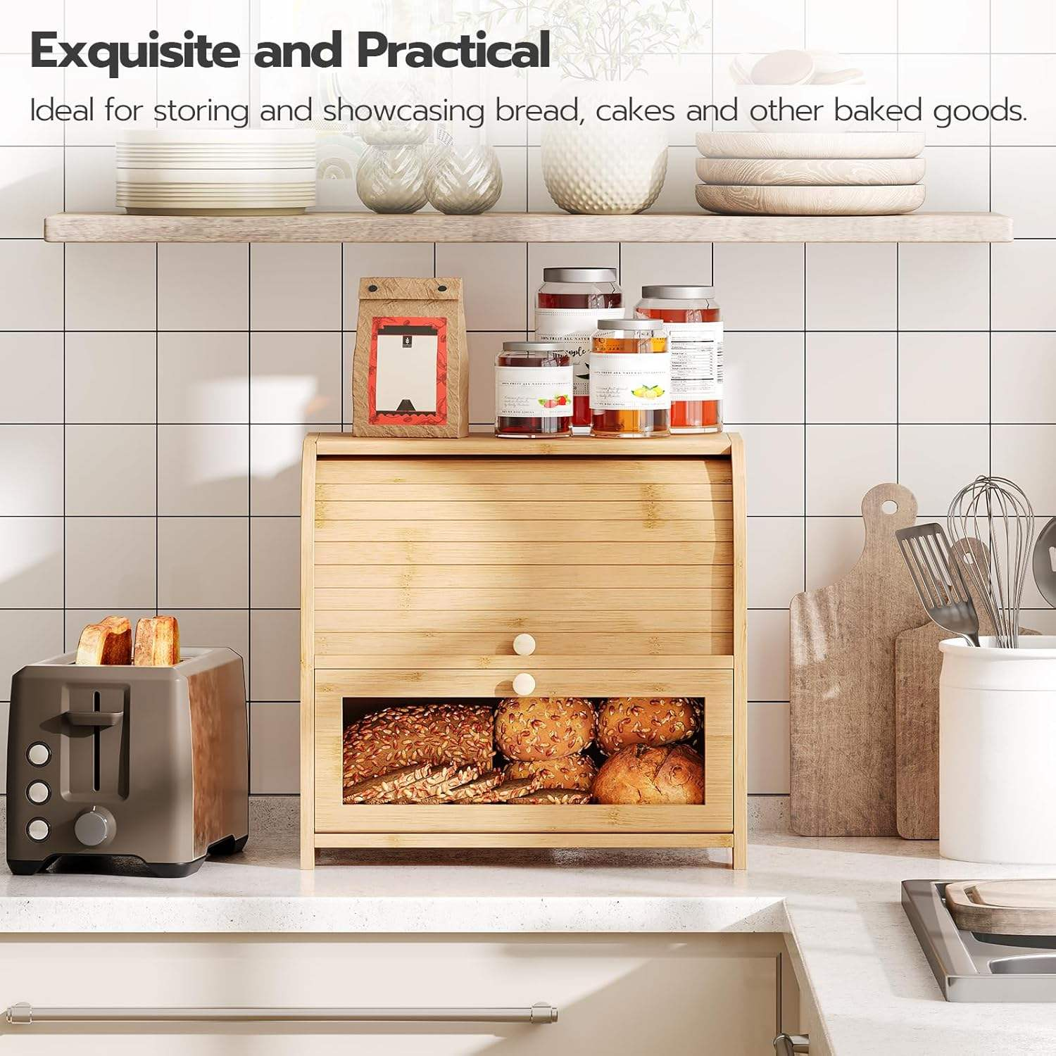 2 Tier Roll Top Natural Bamboo Bread Box Ventilated Large Capacity Bread Storage Container with Adjustable Removable Shelf & See-Through Acrylic Lid, Space Saving Food Keeper for Kitchen Countertop