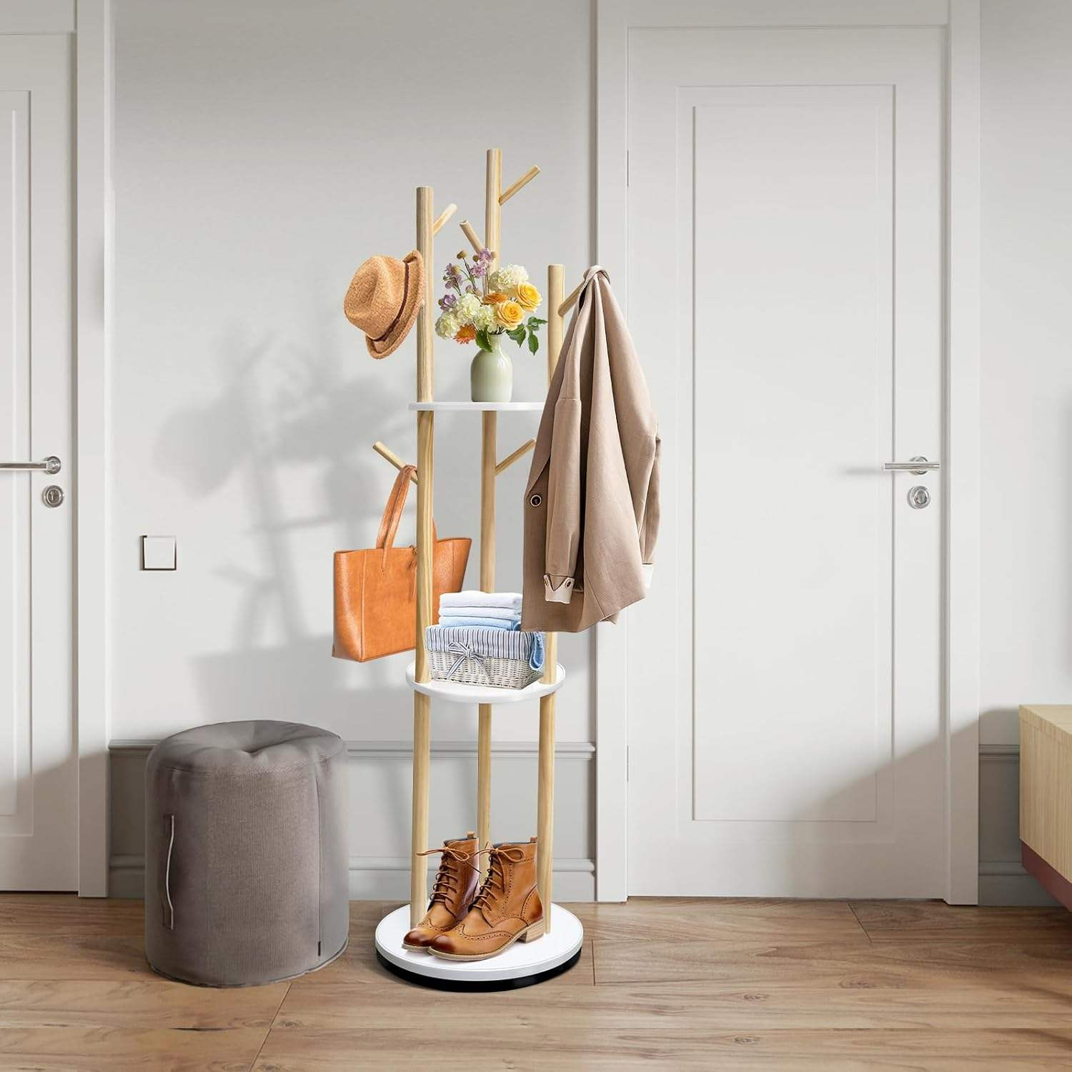 wholesale Clothes Rack Wood Coat Rack Hot Sale Wooden Rotary Coat Rack Freestanding with 3 Shelves Vertical Clothes Racks Living Room Hangers