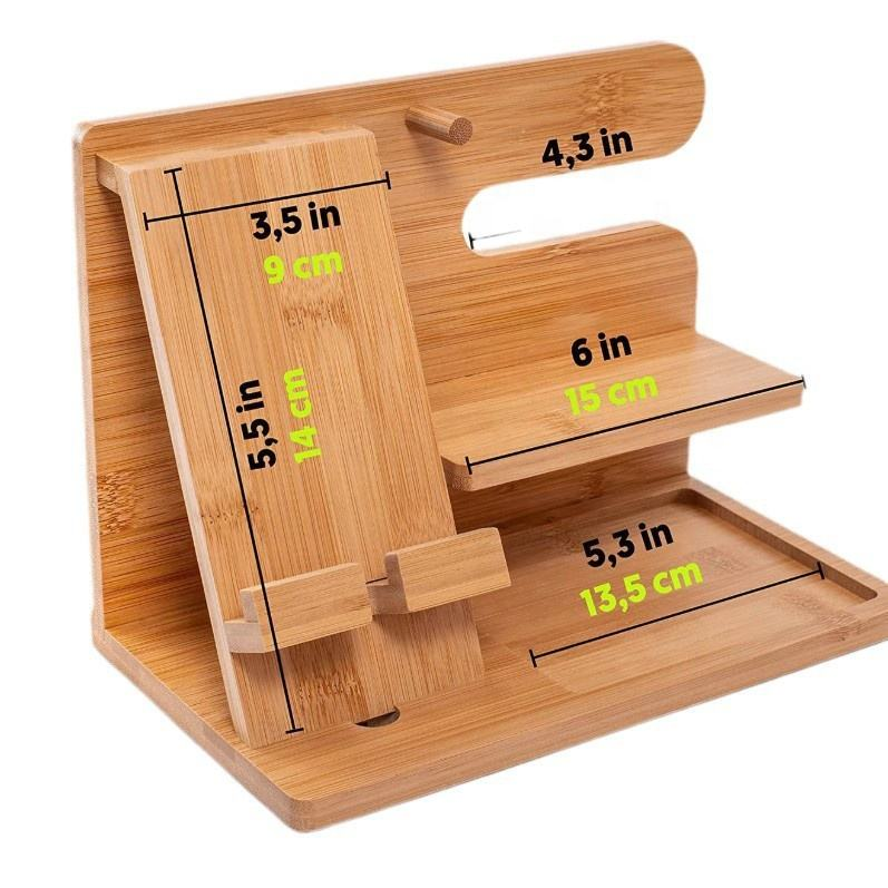 Bamboo Charging Station Moblie Phone Wireless Charger Multi-device Holder & Desktop Organizer for Nightstand and Bedroom Use 