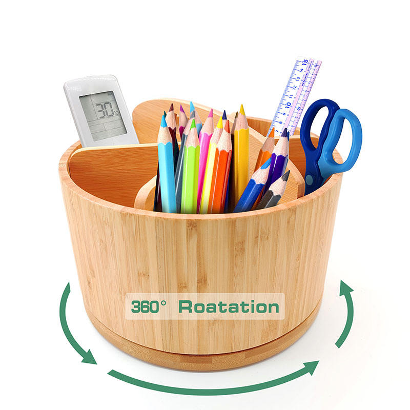 Bamboo Multifunctional 360 Degree Rotating Desktop Organizer with Portable Top Handle Office Supplies Desktop Organizer Pen Holder